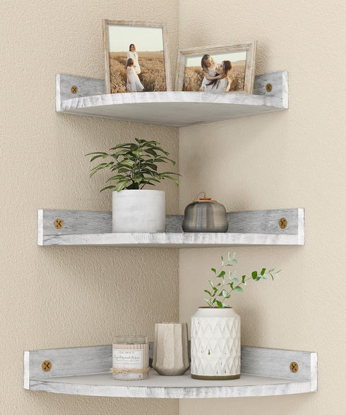 Corner Shelves Wall Mount, Rustic Natural Wood Corner Floating Shelf, Distressed White
