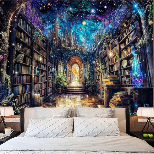 Lunerfex 60x45 Inch Fantasy Library Tree of Life Wall Tapestry, Magical Bookshelf Tapestries for Room Decor, Enchanting