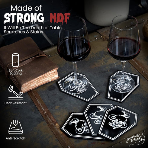 GOTHELIA 5 Set Set, Piece Cobra Skull Head Coffin Shaped Coasters by - Coffee Table Decor, Anti-Slip Drink Coaster Cork