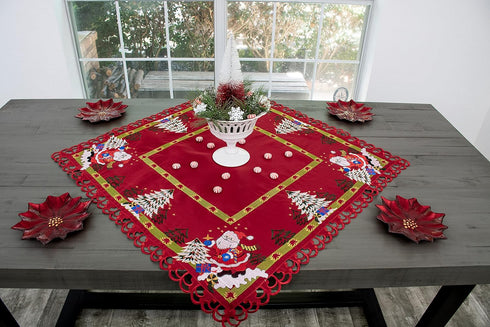 Embroidered Christmas Holiday Santa Claus and Christmas Trees Doily Table Topper, 33 Inches Square, Red