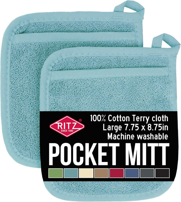 Ritz Terry Pocket Mitt & Hot Pad - 2-Pk - Durable 100% Cotton - Heat Resistant - Ergonomic Grip - Easy-Care