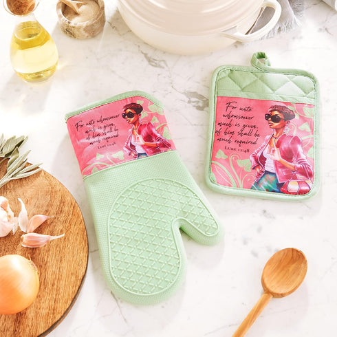 African American Expressions Pink and Green Mitt Set, Oven Mitt 7"x13"/Pot Holder 7"x9" Silicone Set