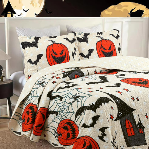 Set ME503 MarCielo Kids Halloween Themed Quilt Bedspread Pumpkins, Black Cats, Bats, Haunted Houses (Full)