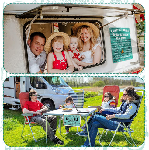Moxweyeni 2 Pcs Camping Decor for Camper, Rustic Funny Camping Rules Metal Tin Sign for Inside Outside Wall Art