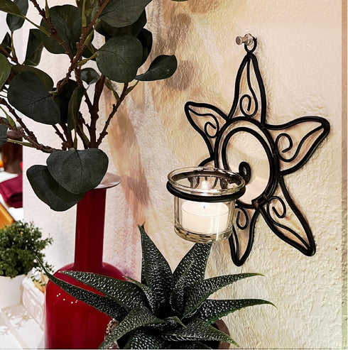 Set 2 Lilys Home Southwestern Sun Decorative Votive Candle Tea Light Wall Mount Sconces, Black Steel, with Clear Glass