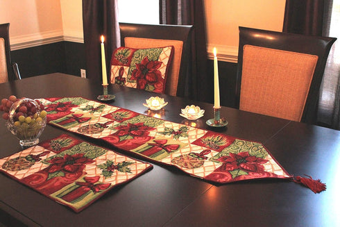 Tache Home Fashion Christmas Decorative Tapestry Table Runners with Tassels, Holiday Tidings Poinsettia 13 x 90