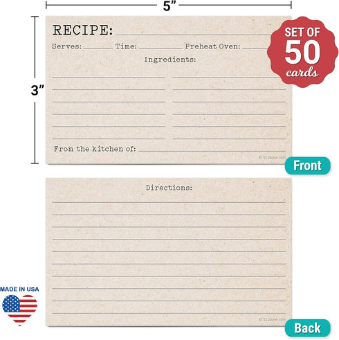 321Done 3x5 Recipe Cards (Set of 50) Small Typewriter Rustic Kraft Tan Vintage - From the Kitchen Of - Double-Sided for Weddings, Bridal Shower, Baby, Recipe Gift Exchange - Made in USA - Minimalist by 321Done