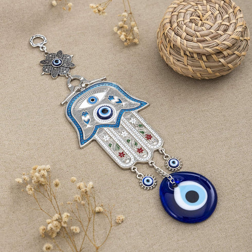 Turkish Blue Hamsa Hand of Mother Fatima Evil Eye Wall Hanging Ornament, Good Luck Charm