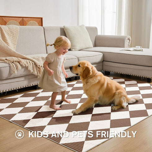5x7 Washable Checkered Rugs for Bedroom, Brown and White Area Rug for Living Room, Geometric Faux Wool Carpet for Kids
