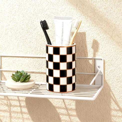 countertop Checkered Bathroom Toothbrush Holder, Bathroom Black and White Ceramic Toothbrush Holder, Modern Toothbrush