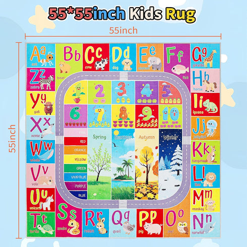 UKISS Words,55"x55"Washable ABC Kids Rug,Toddler Educational Play Rug for Learning Alphabet, Numbers, Colors, Seasons