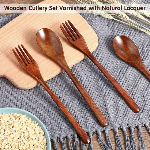 Wooden Spoons Forks Set, Japanese Wooden Utensil Set, Reusable Handmade Natural Wood Flatware (10 Pieces)