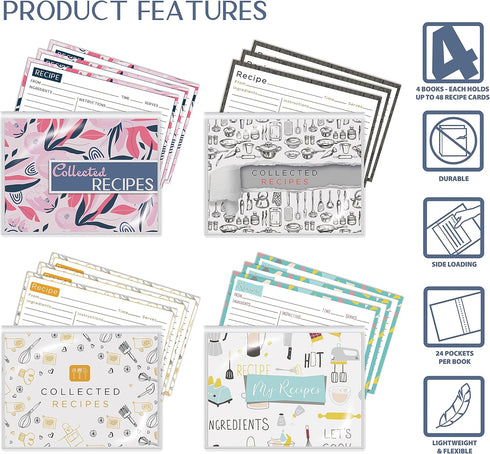 Better Kitchen Products 24 Pocket Mini Recipe Card Books with 100 4 x 6 Recipe Cards, 4 Pack with Assorted Designs