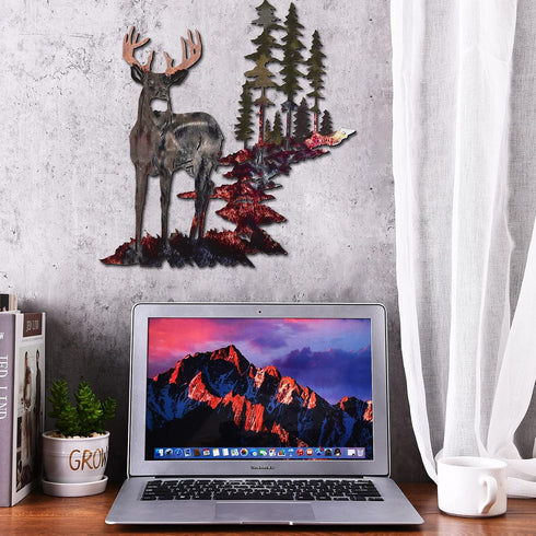 Forest Tree Deer Wall Art, Rustic Metal Hunting Decor for Living Room Bedroom, 11.8 x 7.9 Inch
