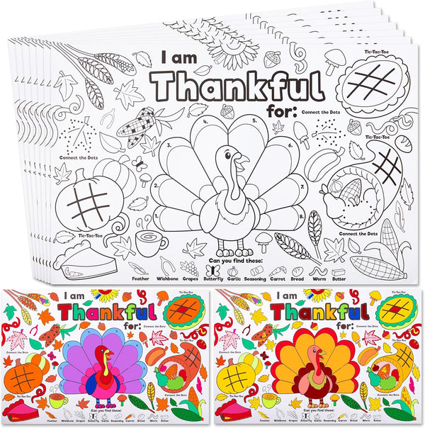 JOYIN 24 Pcs Thanksgiving Coloring Placemats, Thanksgiving Turkey Coloring Paper Table Mats,