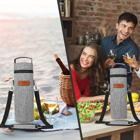opux Single Bottle Wine Bag Carrier Tote, Insulated Cooler Bag for Travel, Picnic, Beach, Heather Light Gray