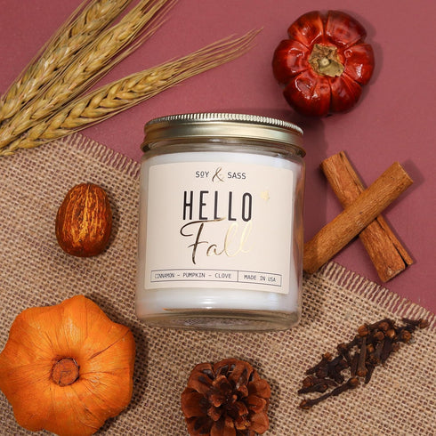 Fall Candles - 'Hello Fall' Candle with Cinnamon, Spice & Pumpkin, Essential Oils, 9oz Jar, 50Hr Burn