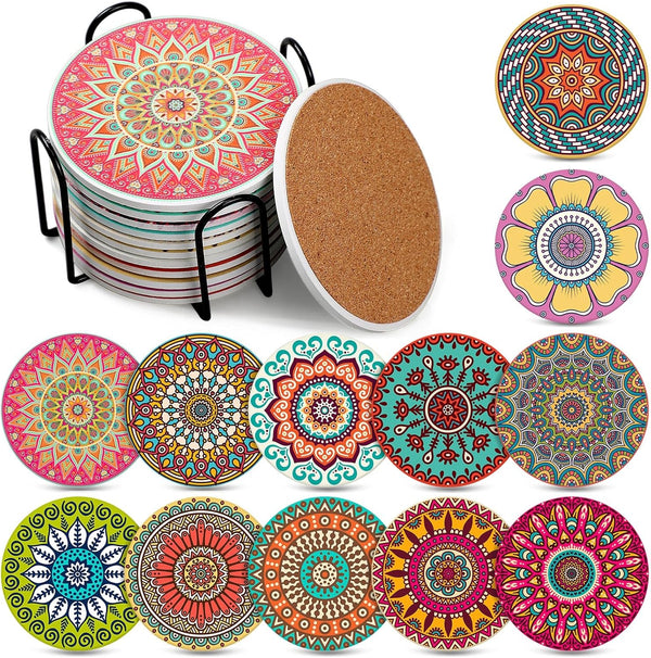 Hushee 12 Pcs Ceramic Drink Coasters with 1 Holder Holiday Cup Coasters with