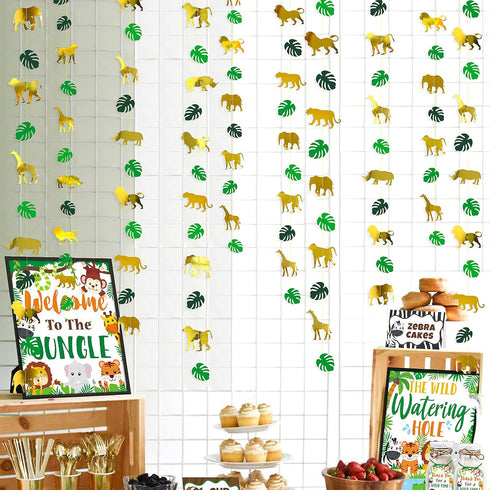 52Ft Gold Animal Green Palm Leaf Garland Banner for Jungle Safari Animal Party Decorations, 1st Birthday Supplies