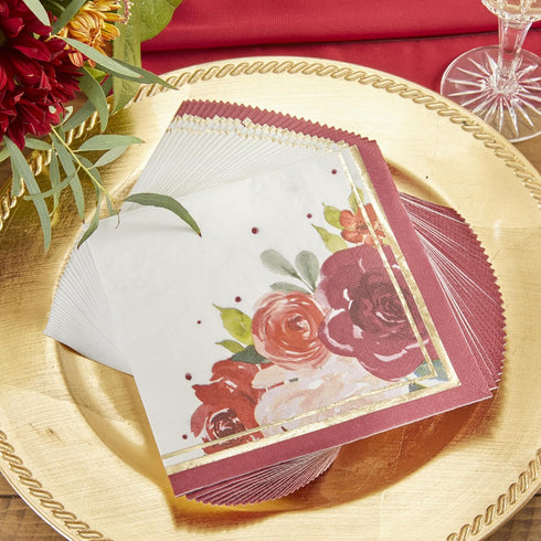 Kate Aspen Burgundy Blush Floral Paper Napkins - Thick Decorative Dinner Napkins for Wedding Reception or Bridal
