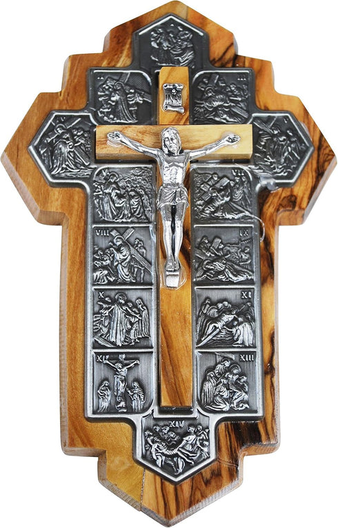 Olive Wood Crucifix, 14 Stations of the Cross Etched on Metal, 14x9x1 cm