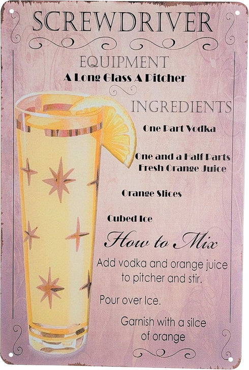 8" x 12" Popular Cocktails and Drink Mix Recipes Menu on Metal Tin Sign Wall Decor Plaque Poster (SCREWDRIVER)