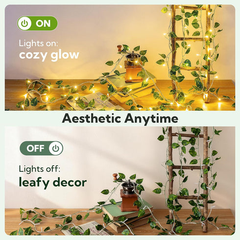 23 73 HEYFUNi Vines with Lights, Ft Led Faux Pothos String Lights Plug in, Leaf Lights for Bedroom, Wall, Balcony