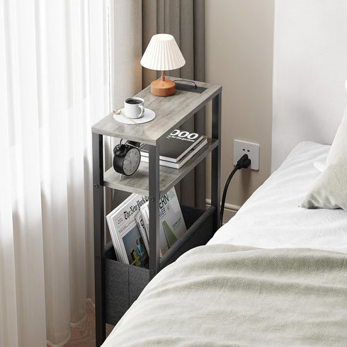 3 LET503QE Narrow Side Table with Charging Station Slim End Table Sofa with Magazine Rack, Bedside Table for Small