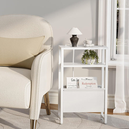 3 LET503WE Narrow Side Table with Charging Station Slim End Table Sofa with Magazine Rack, Bedside Table for Small