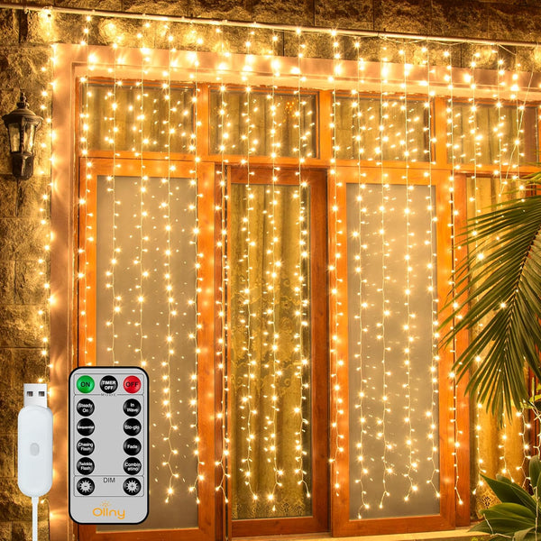 Ollny Curtain Lights 6.6x6.6ft, 200 LED String Lights with Remote 8 Modes