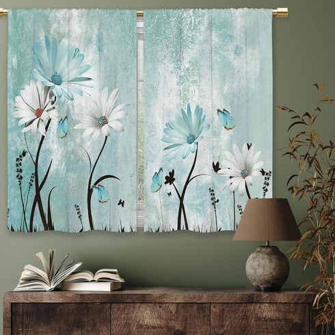Farmhouse Flower Kitchen Curtains, Teal Rustic Daisy Floral Short Cafe Window Drapes, Vintage Turquoise Rod Pocket