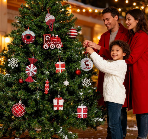 Set, 70 Christmas Tree Ball Ornaments ct Classical Red White Candy Train Theme Xmas Assorted Ornaments, Shatterproof
