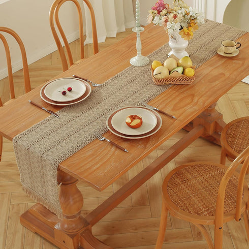 90 Inches Niviy Burlap Boho Table Runner for Home Decor with Tassels Long, Modern Farmhouse Decor Rustic Macrame Woven