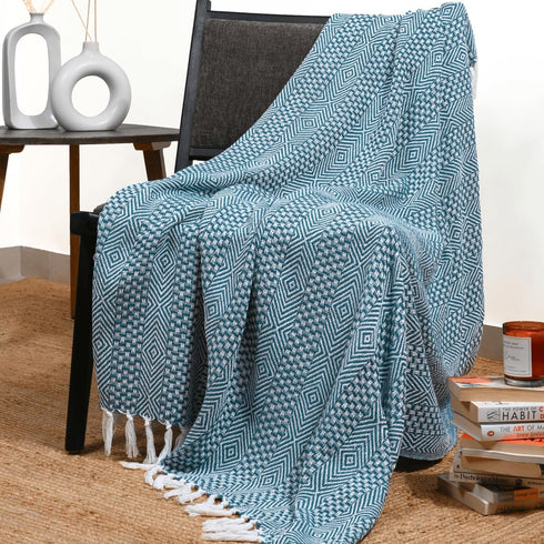 RAJRANG Rustic Throw Blanket - Decorative Tassel Cotton Throws, Geometric Woven Soft Patio Comfy Blankets Teal Blue