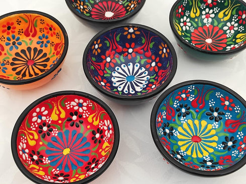 Decorative Turkish Ceramic Bowl Set of 6, Handcrafted Pinch Sauce Dipping Bowls, Multicolor