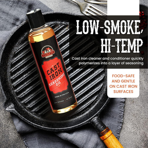 Heritage Products Cast Iron Seasoning Oil, Low-Smoke Hi Temp All-Natural Skillet Conditioner for Dutch Oven, Griddle