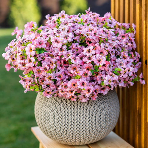 Artificial Flowers for Outdoors, 16 Bundles Faux Boxwood Greenery, No Fade Plastic Shrubs for Home Garden Decor (Pink)