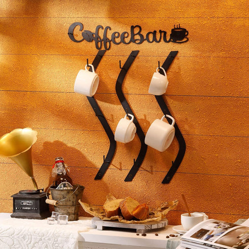9 Peryiter Coffee Cup Holder Coffee Mug Wall Rack Mounted with Bar Shelf Curve Metal Cup Rack Wall Hanging Holder