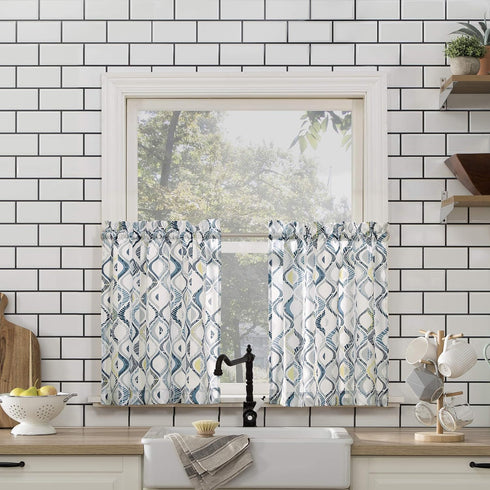 No. 918 Barker Geometric Semi-Sheer Rod Pocket Kitchen Curtain Valance and Tiers Set, 54" x 36", White