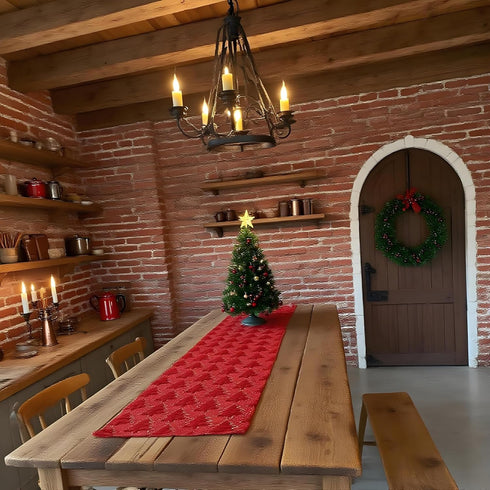 72 Inches SHUNJIE Red Farmhouse Soft Faux Fur Table Runner with Sequined Christmas Trees , Long Runners Holiday Winter