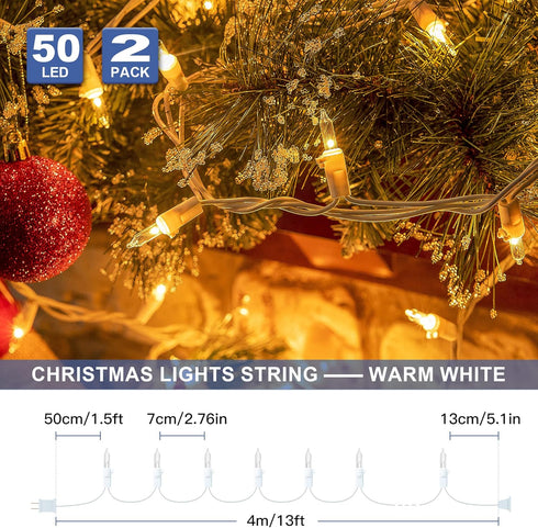 2PACK 50-Count Set Bulb Hopolon Clear Christmas Lights with White Wire,Incandescent Mini String Lights