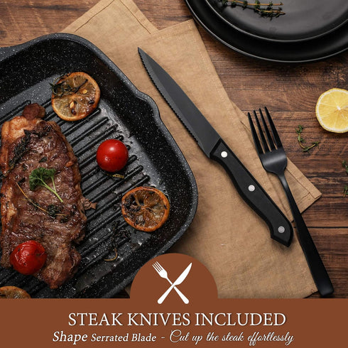Hiware 24 Pieces Matte Black Silverware Set with Steak Knives for 4, Stainless Steel Flatware Utensils Set