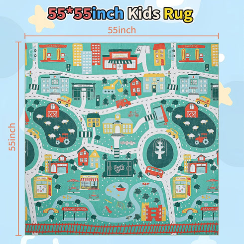 UKISS Rug55"x55" Educational Play Traffic Road Kids Car Mat,Non-Slip Washable City Kids Play Mat,Area Rug Kid Carpet