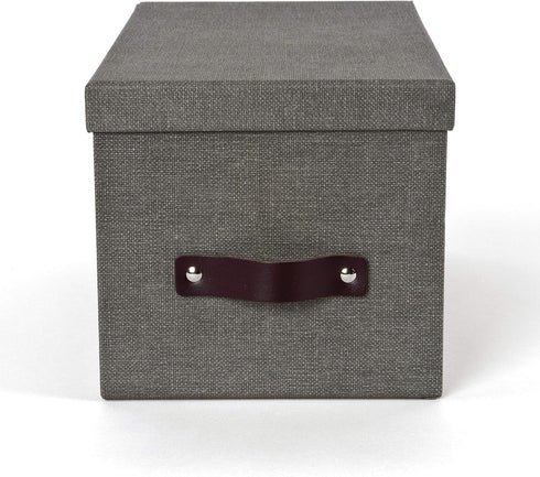 Bigso Silvia Organizational Storage Box with Leather Handle, Durable Decorative Storage Boxes with Lids, Gray