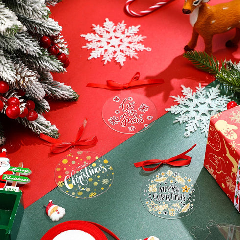 42 Pieces Round Acrylic Christmas Ornaments with Red Ribbon, DIY Blank Transparent Circle Discs for Decoration