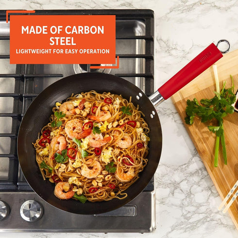 Imusa USA 12" Nonstick Carbon Steel Wok, Red PAN-10046 with Handle