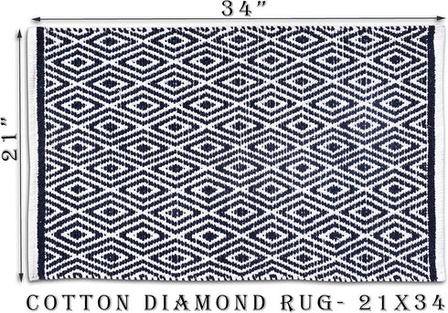 Ramanta Home 100% Cotton Diamond Rug, 21x34 Hand Woven Reversible Washable Rug - Navy, for Bathroom, Entry, Living Room
