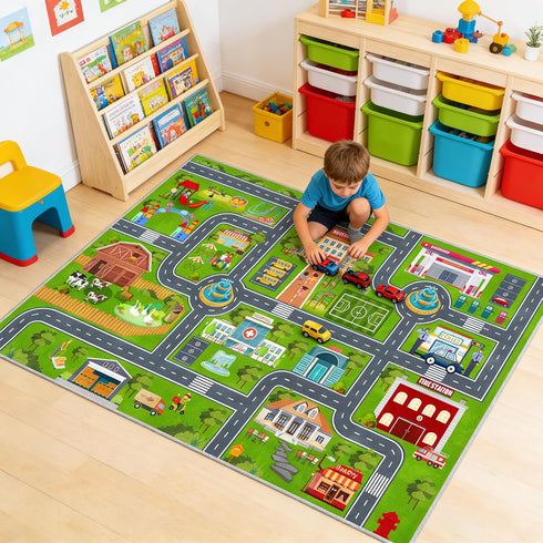 31''x47'' Kids Road Car Rug, Playroom Rugs City Road Race Track Rugs for Playing Cars Toys, Kids Car Rug Play Mat Road