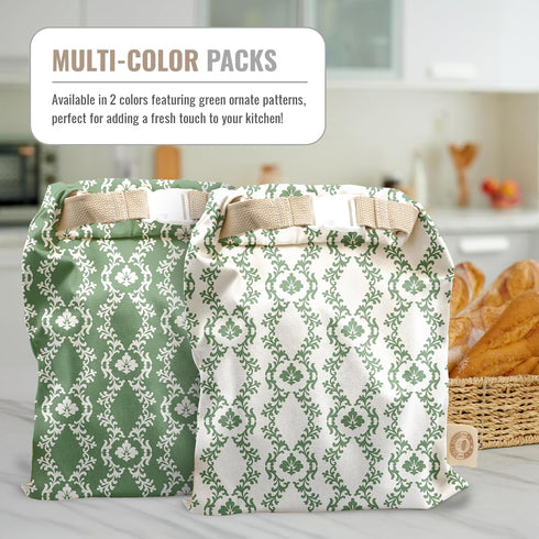 Cozy Set Bread Reusable Bread Bag for Home Bakers | USA Brand | Charming Bread Designs (Green Ornamental)