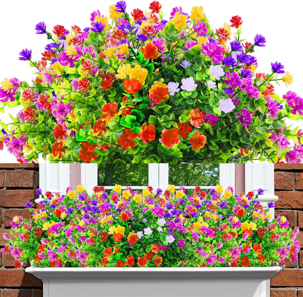 12 Bundles Outdoor Artificial Fake Flowers, UV Resistant Rose Eucalyptus Leaf Plants for Home Decor